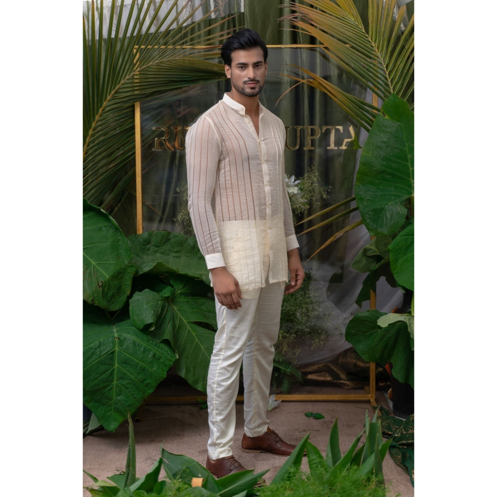Runit Gupta Off White Placement Pleated Kurta with Pyjama (Set of 2)