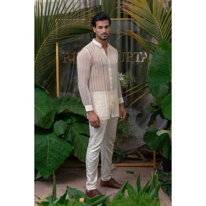 Runit Gupta Off White Placement Pleated Kurta with Pyjama (Set of 2)