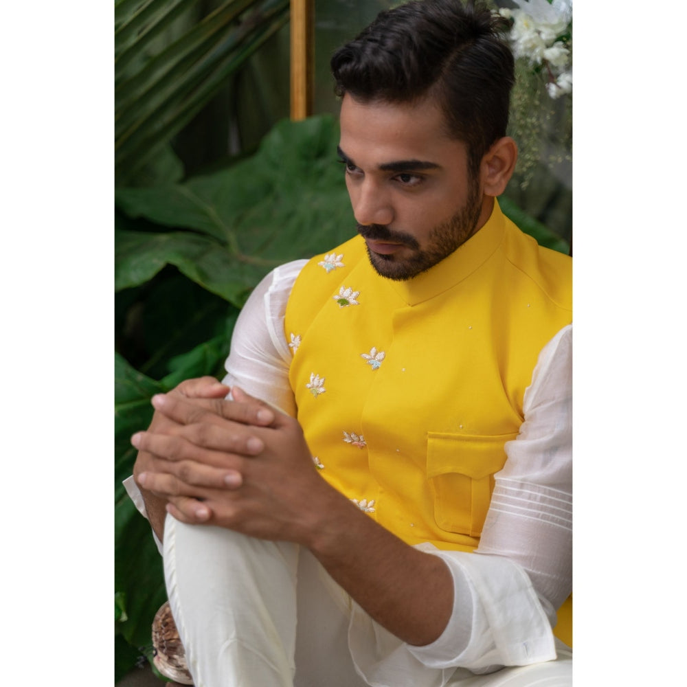 Runit Gupta Off White Pintucked Sleeve Kurta with Pyjama (Set of 2)