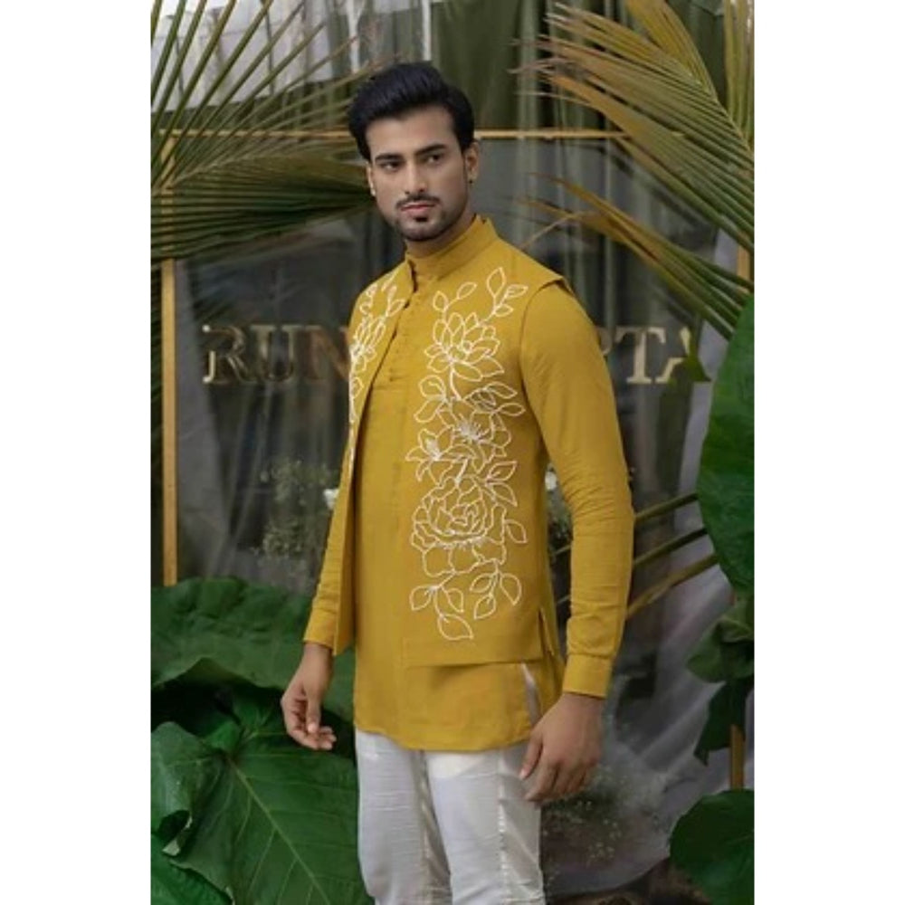 Runit Gupta Mustard and White Short Kurta with Pyjama (Set of 2)