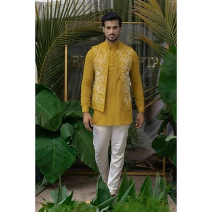 Runit Gupta Mustard and White Short Kurta with Pyjama (Set of 2)