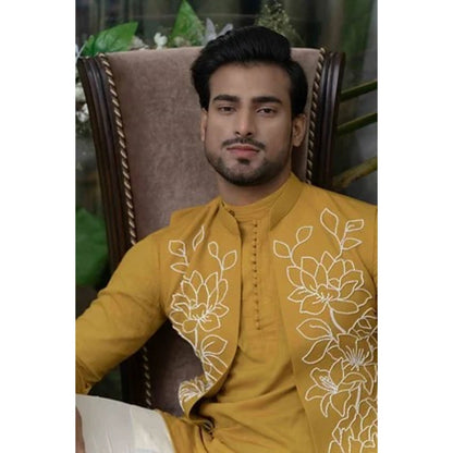 Runit Gupta Mustard and White Short Kurta with Pyjama (Set of 2)