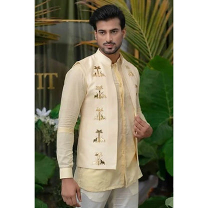 Runit Gupta Cream and White Pleated Sleeve Kurta with Pyjama (Set of 2)
