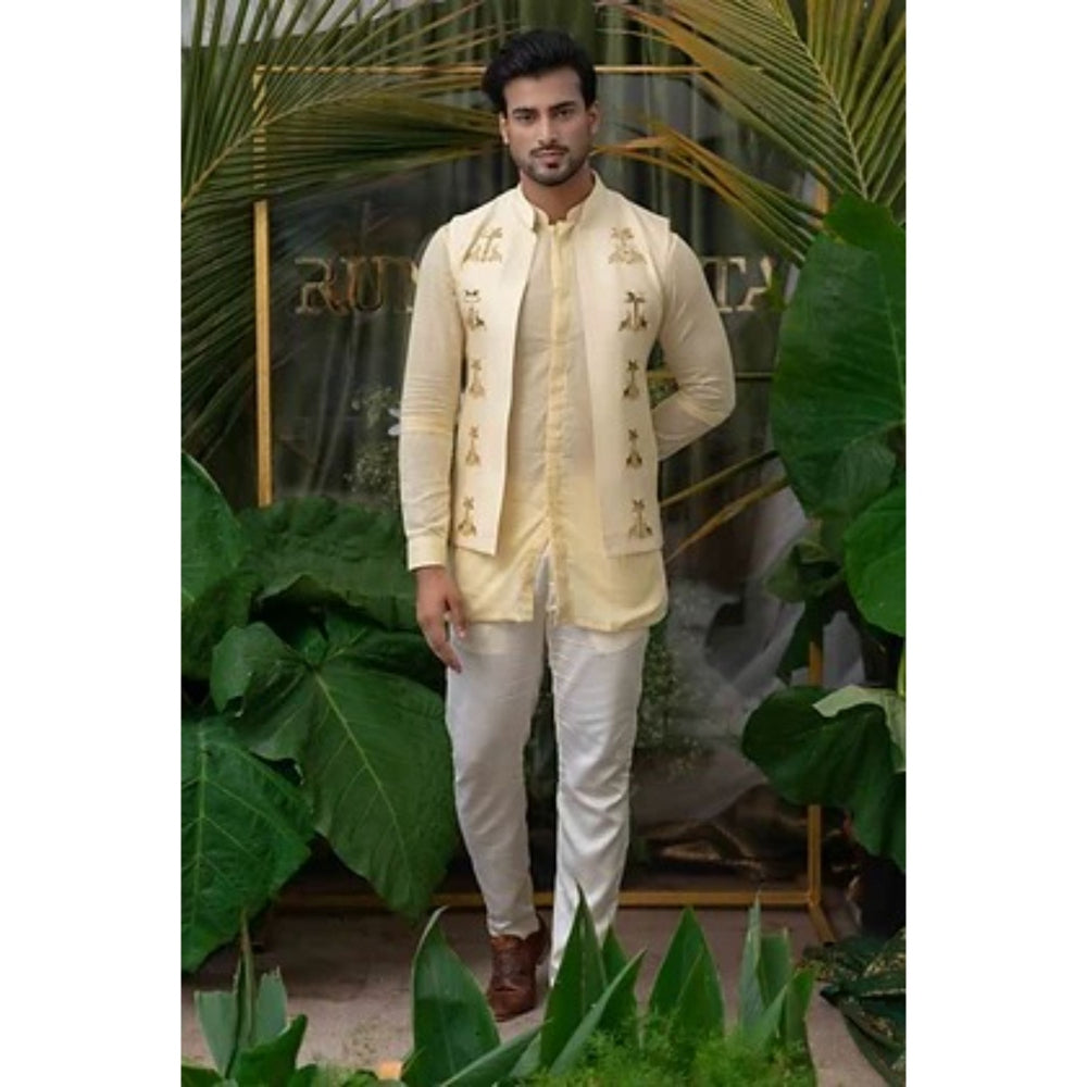 Runit Gupta Cream and White Pleated Sleeve Kurta with Pyjama (Set of 2)