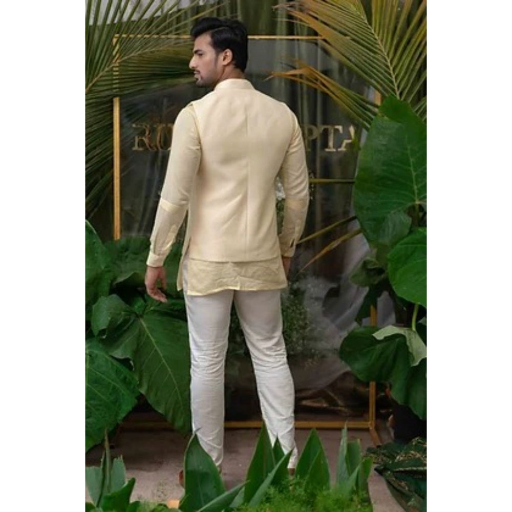 Runit Gupta Cream and White Pleated Sleeve Kurta with Pyjama (Set of 2)