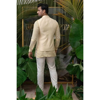 Runit Gupta Cream and White Pleated Sleeve Kurta with Pyjama (Set of 2)