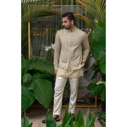 Runit Gupta Warm Grey and White Kurta with Pyjama (Set of 2)