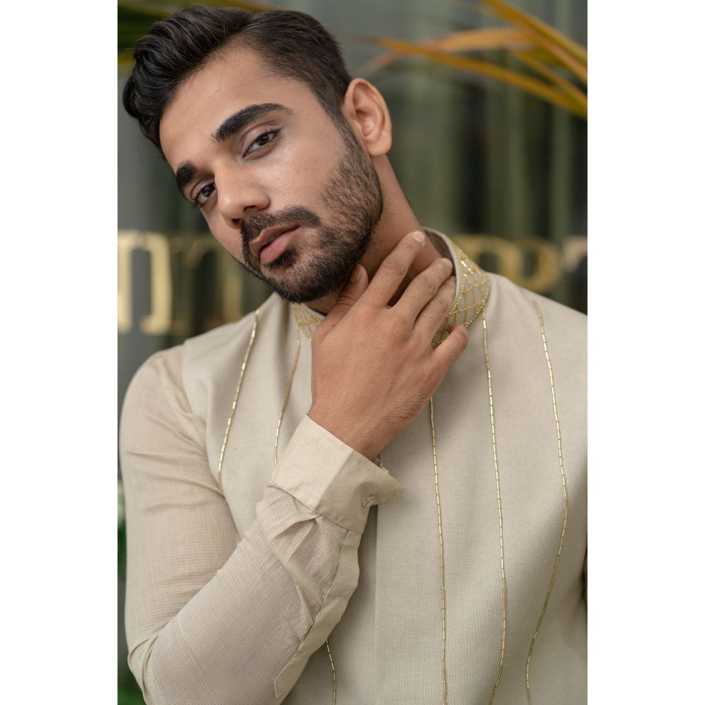 Runit Gupta Warm Grey and White Kurta with Pyjama (Set of 2)