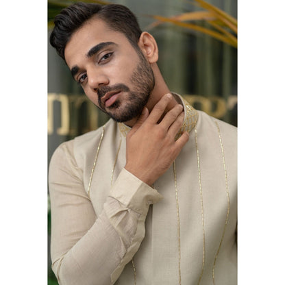 Runit Gupta Warm Grey and White Kurta with Pyjama (Set of 2)