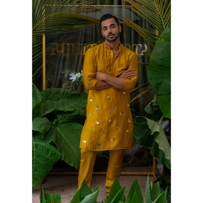 Runit Gupta Mustard Golden Glow Horse Embroidered Kurta with Pyjama (Set of 2)