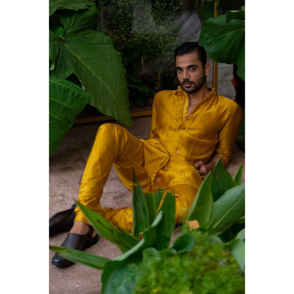 Runit Gupta Mustard Golden Glow Horse Embroidered Kurta with Pyjama (Set of 2)