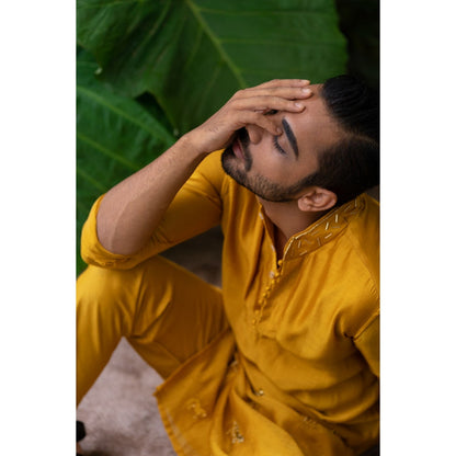 Runit Gupta Mustard Golden Glow Horse Embroidered Kurta with Pyjama (Set of 2)