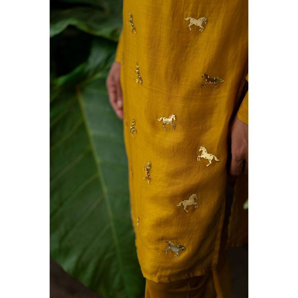 Runit Gupta Mustard Golden Glow Horse Embroidered Kurta with Pyjama (Set of 2)