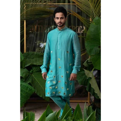 Runit Gupta Airy Blue Camel Embroidered Kurta with Pyjama (Set of 2)