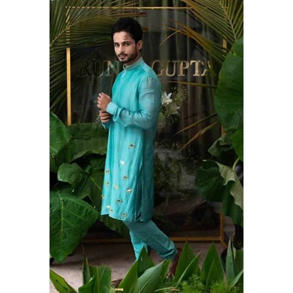 Runit Gupta Airy Blue Camel Embroidered Kurta with Pyjama (Set of 2)