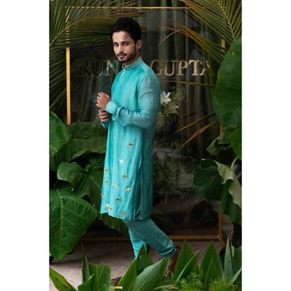 Runit Gupta Airy Blue Camel Embroidered Kurta with Pyjama (Set of 2)
