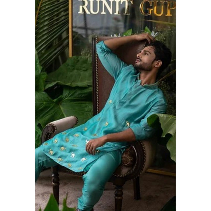 Runit Gupta Airy Blue Camel Embroidered Kurta with Pyjama (Set of 2)