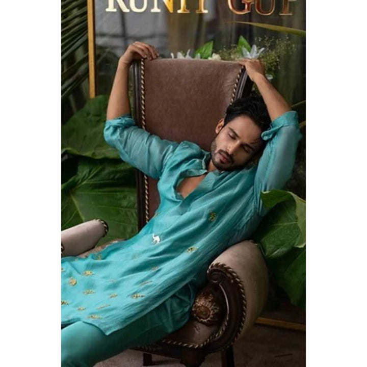 Runit Gupta Airy Blue Camel Embroidered Kurta with Pyjama (Set of 2)