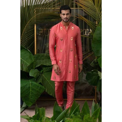 Runit Gupta Carrot Pink Moth Embroidered Kurta with Pyjama (Set of 2)