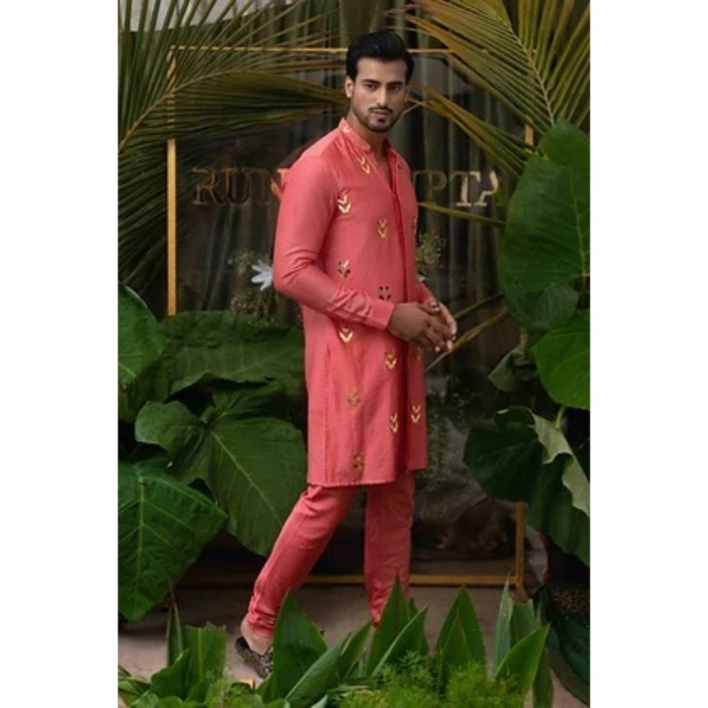Runit Gupta Carrot Pink Moth Embroidered Kurta with Pyjama (Set of 2)