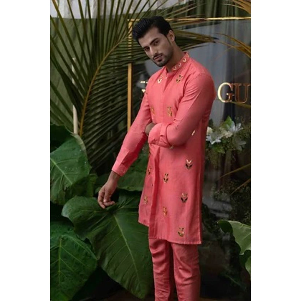 Runit Gupta Carrot Pink Moth Embroidered Kurta with Pyjama (Set of 2)