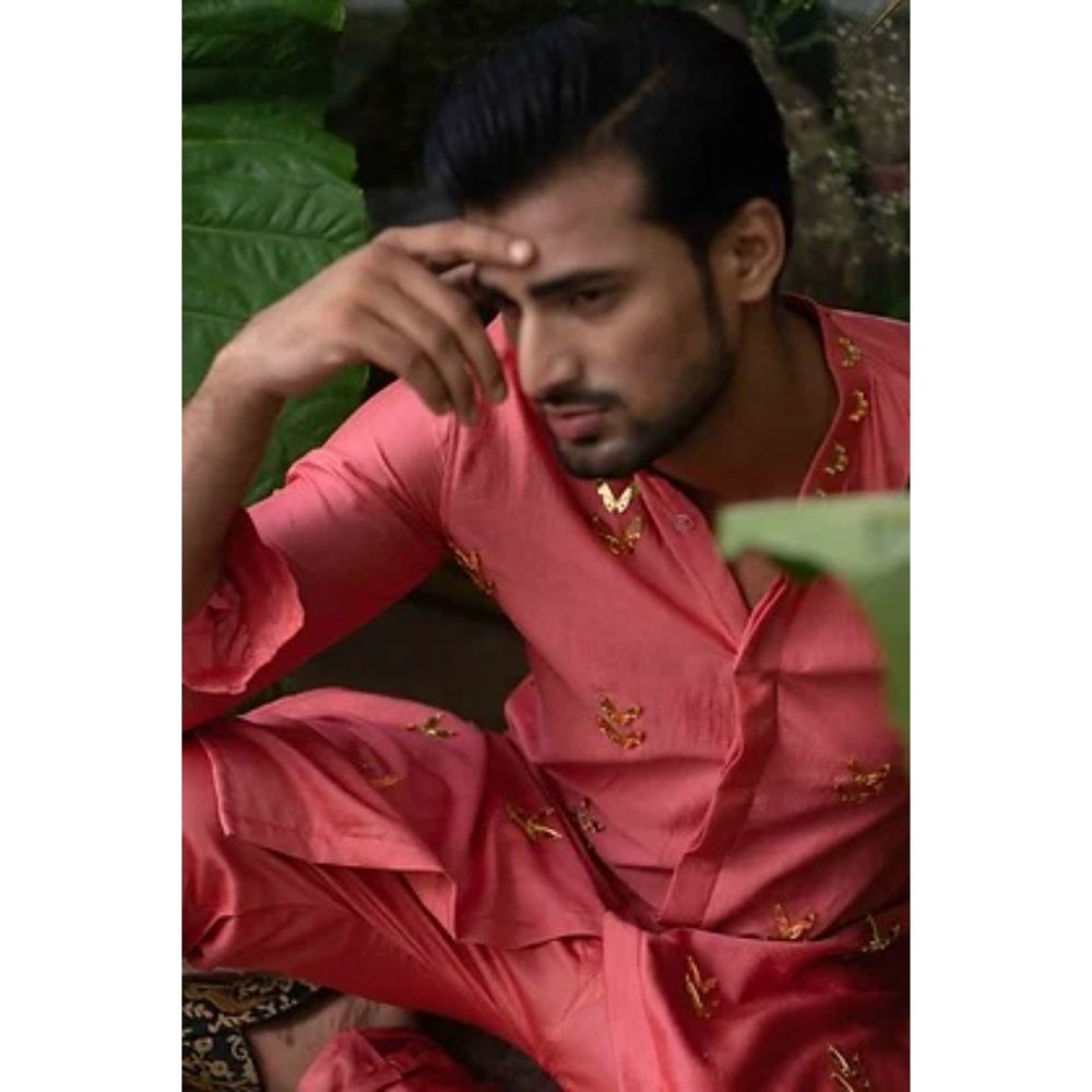 Runit Gupta Carrot Pink Moth Embroidered Kurta with Pyjama (Set of 2)