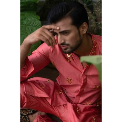 Runit Gupta Carrot Pink Moth Embroidered Kurta with Pyjama (Set of 2)