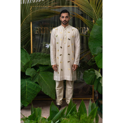 Runit Gupta Cloud Ivory Elephant Embroidered Kurta with Pyjama (Set of 2)