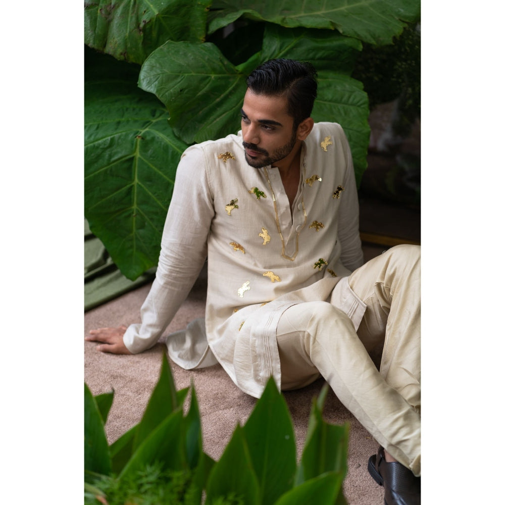 Runit Gupta Cloud Ivory Elephant Embroidered Kurta with Pyjama (Set of 2)