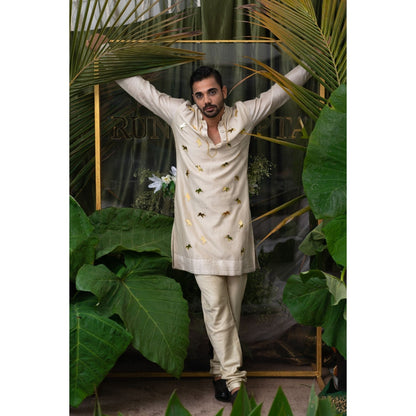 Runit Gupta Cloud Ivory Elephant Embroidered Kurta with Pyjama (Set of 2)