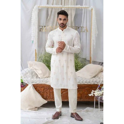 Runit Gupta Off White Cutpipe Embroidered Kurta with Pyjama (Set of 2)