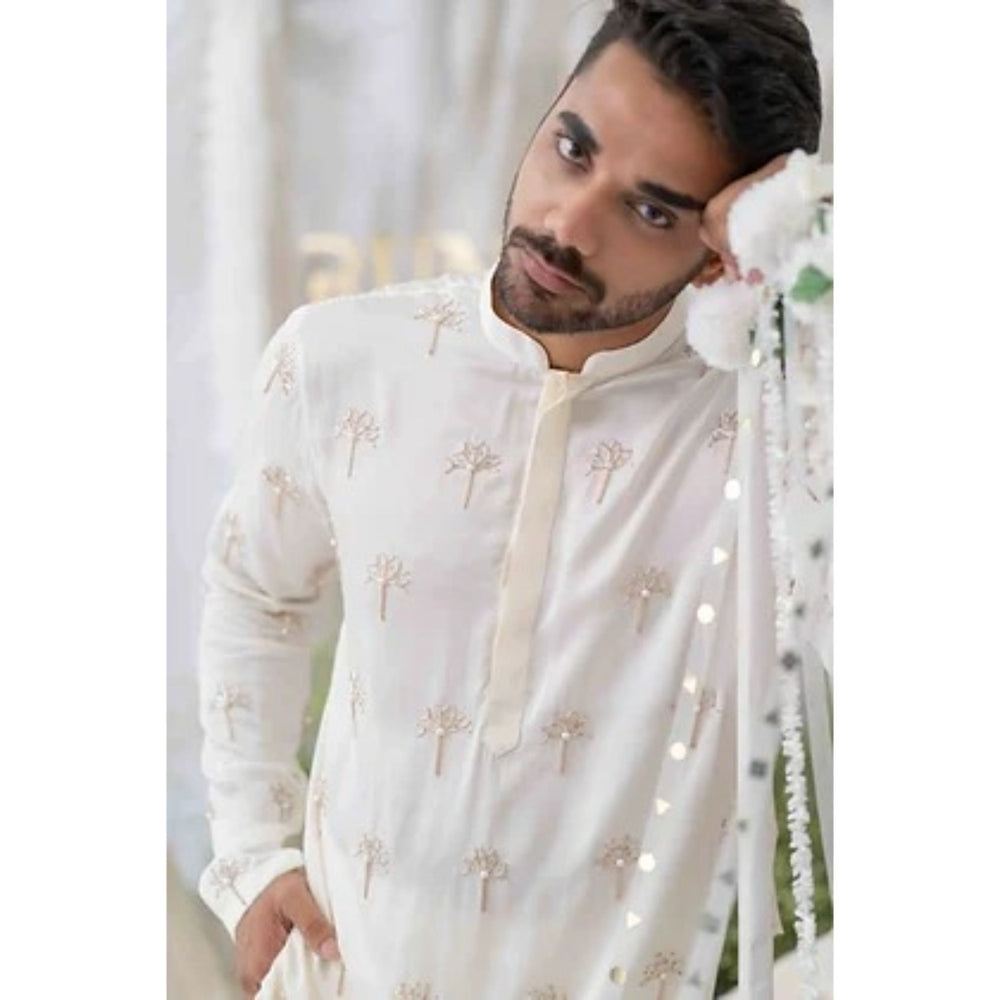 Runit Gupta Off White Cutpipe Embroidered Kurta with Pyjama (Set of 2)