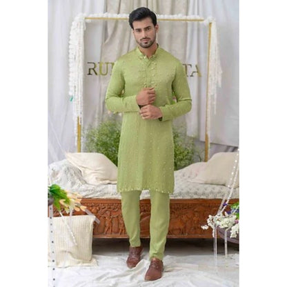 Runit Gupta Moss Green Cutpipe Embroidered Kurta with Pyjama (Set of 2)