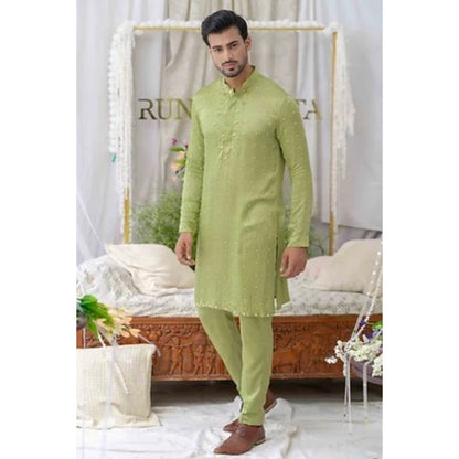 Runit Gupta Moss Green Cutpipe Embroidered Kurta with Pyjama (Set of 2)