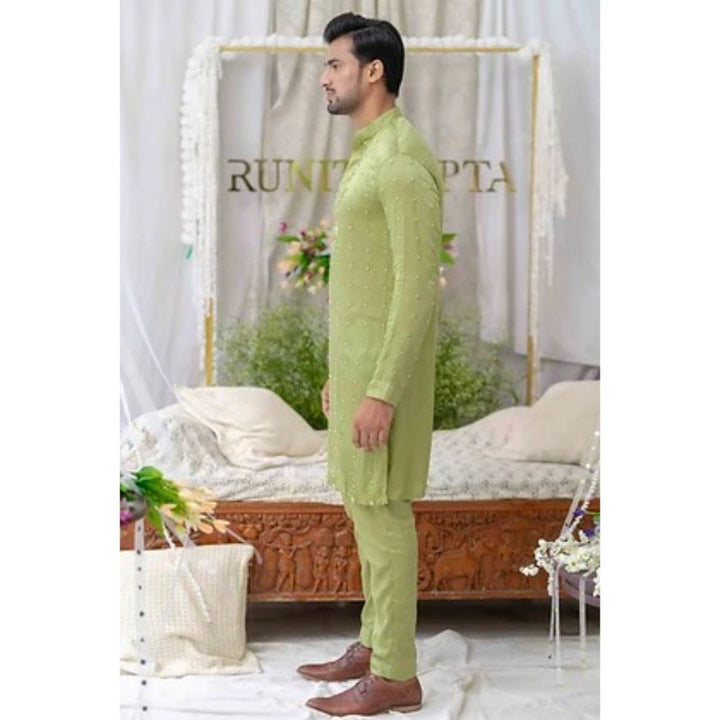 Runit Gupta Moss Green Cutpipe Embroidered Kurta with Pyjama (Set of 2)