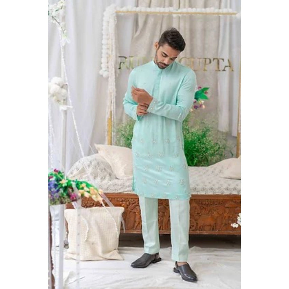 Runit Gupta Powder Blue Cutpipe Embroidered Kurta with Pyjama (Set of 2)