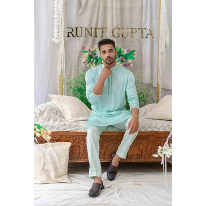 Runit Gupta Powder Blue Cutpipe Embroidered Kurta with Pyjama (Set of 2)