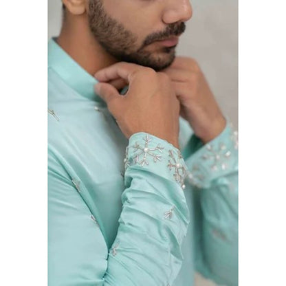 Runit Gupta Powder Blue Cutpipe Embroidered Kurta with Pyjama (Set of 2)