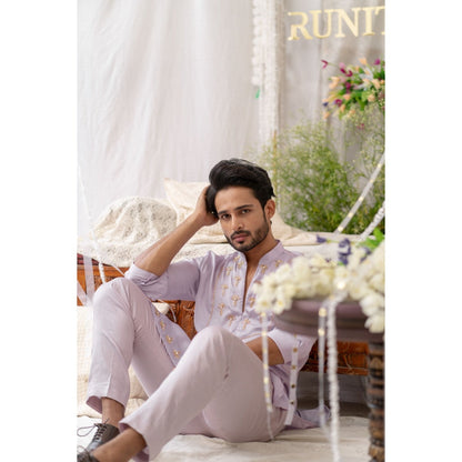 Runit Gupta Lavender Cutpipe Embroidered Kurta with Pyjama (Set of 2)