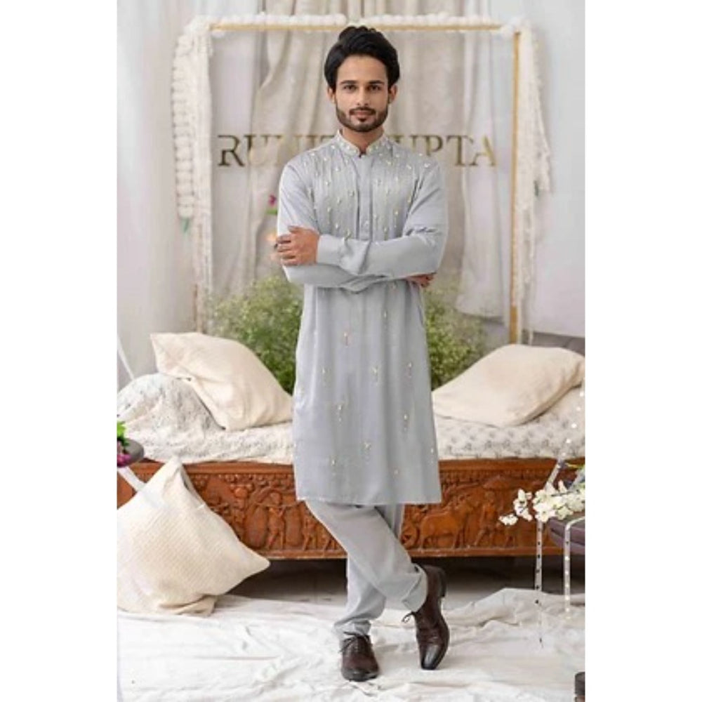 Runit Gupta Grey Cutpipe Embroidered Kurta with Pyjama (Set of 2)