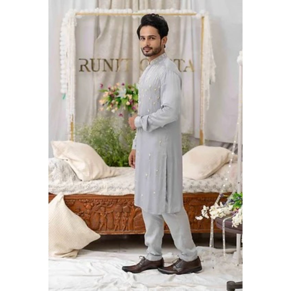 Runit Gupta Grey Cutpipe Embroidered Kurta with Pyjama (Set of 2)