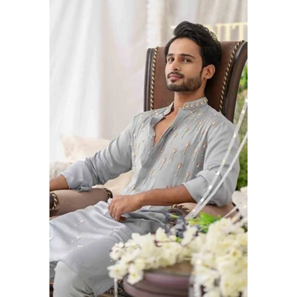 Runit Gupta Grey Cutpipe Embroidered Kurta with Pyjama (Set of 2)