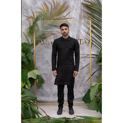 Runit Gupta Black Quilted Kurta with Pyjama (Set of 2)