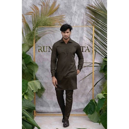 Runit Gupta Brown Quilted Kurta with Pyjama (Set of 2)
