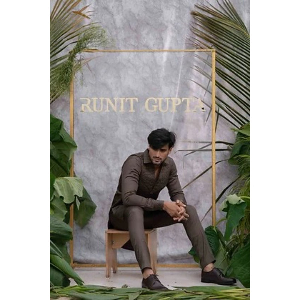 Runit Gupta Brown Quilted Kurta with Pyjama (Set of 2)