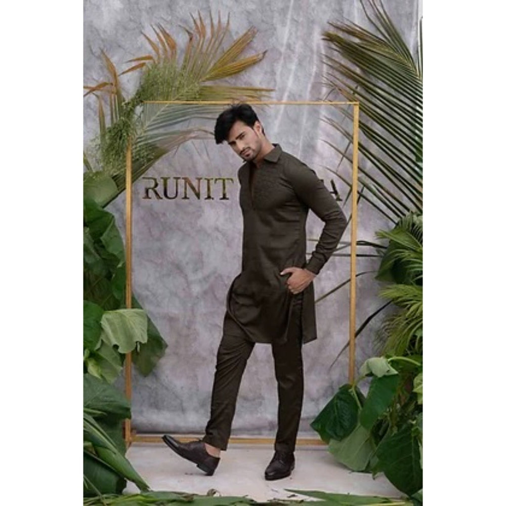 Runit Gupta Brown Quilted Kurta with Pyjama (Set of 2)