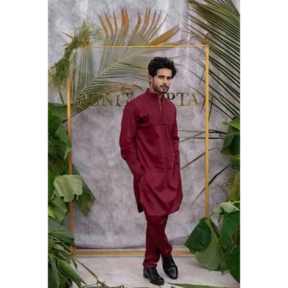 Runit Gupta Cherry Maroon Quilted Kurta with Pyjama (Set of 2)