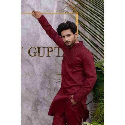 Runit Gupta Cherry Maroon Quilted Kurta with Pyjama (Set of 2)