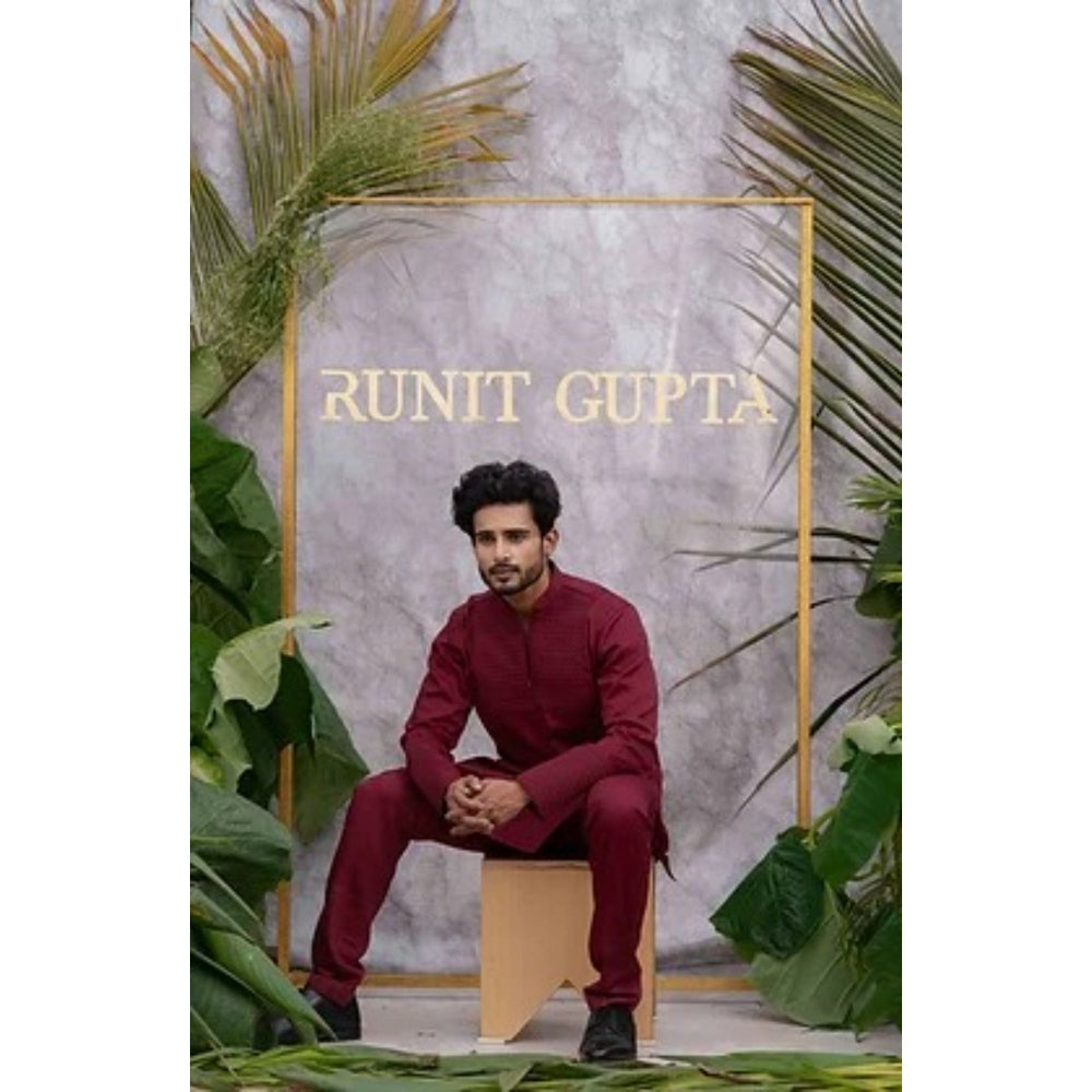 Runit Gupta Cherry Maroon Quilted Kurta with Pyjama (Set of 2)