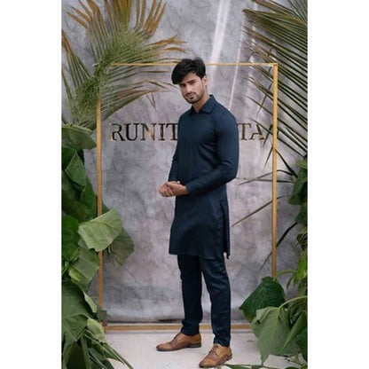 Runit Gupta Deep Navy Blue Quilted Kurta with Pyjama (Set of 2)